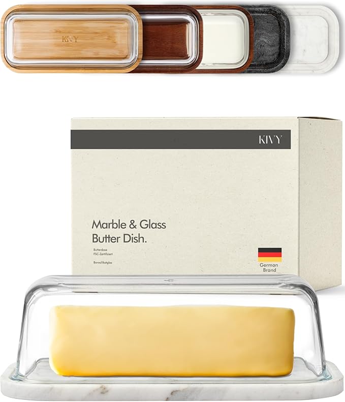 KIVY Butter Dish (White Marble & Glass) - For countertop and refrigerator door shelf - Marble butter keeper - Stone butter dish with lid - Dishwasher Safe