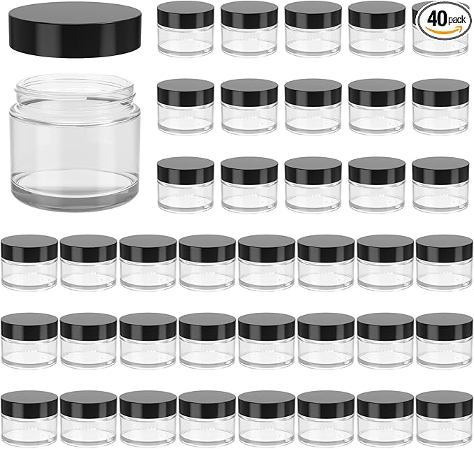 2oz Jars with Lids, HOA Kinh 40 Pack Clear Glass Jars with Lids Empty Cosmetic Containers Round Airtight Glass Jar with Black Lid for Storing Lotions Powders Ointments