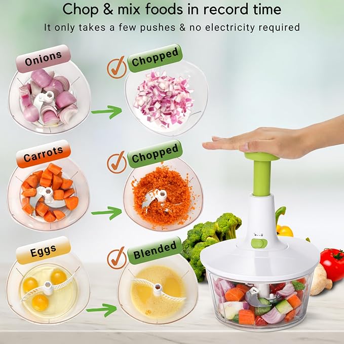 Brieftons Express Manual Food Chopper: 6.8-Cup, Hand Chopper Vegetable Cutter to Chop Veggies, Fruits, Herbs, Garlic Onion Chopper for Salsa, Salad, Pesto, Hummus, Guacamole, Coleslaw, Indian Cooking