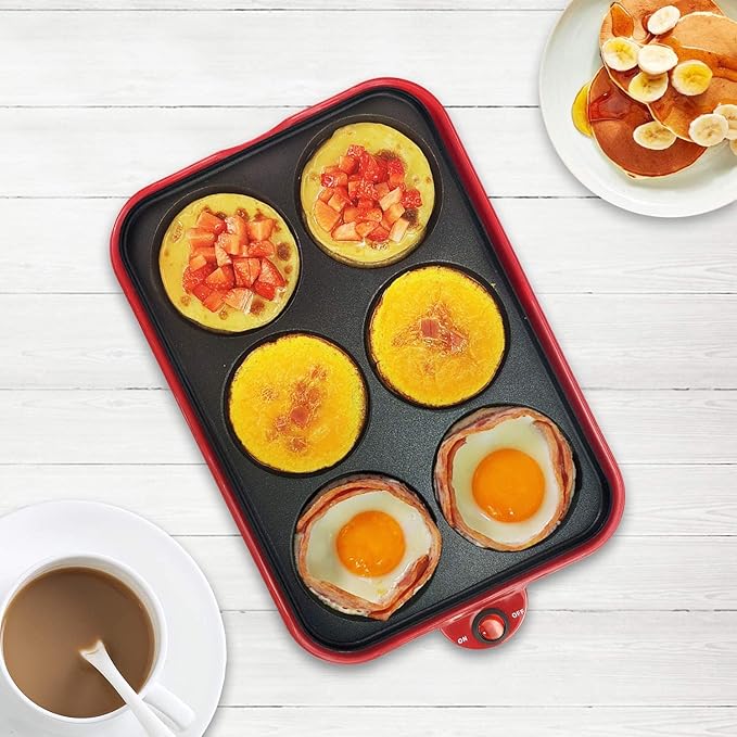 Health and Home Multifunction Nonstick Baking Maker with 3 Interchangeable Baking Plates for Fried Eggs, Fried Steak, Takoyaki, Cake Pops, Grill Maker, RED-1