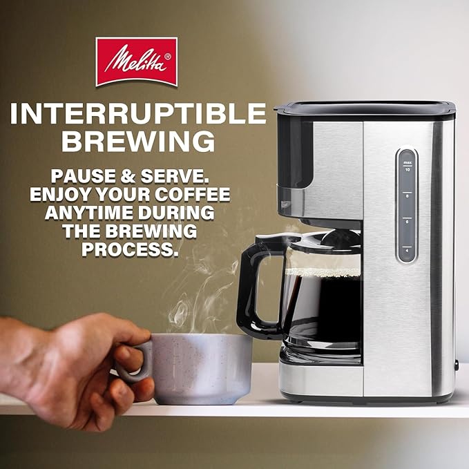 Melitta Aroma Tocco Glass 10-Cup Drip Coffee Maker, Automatic and Programmable, 96oz Capacity with 5-Pack Coffee Filters | Black