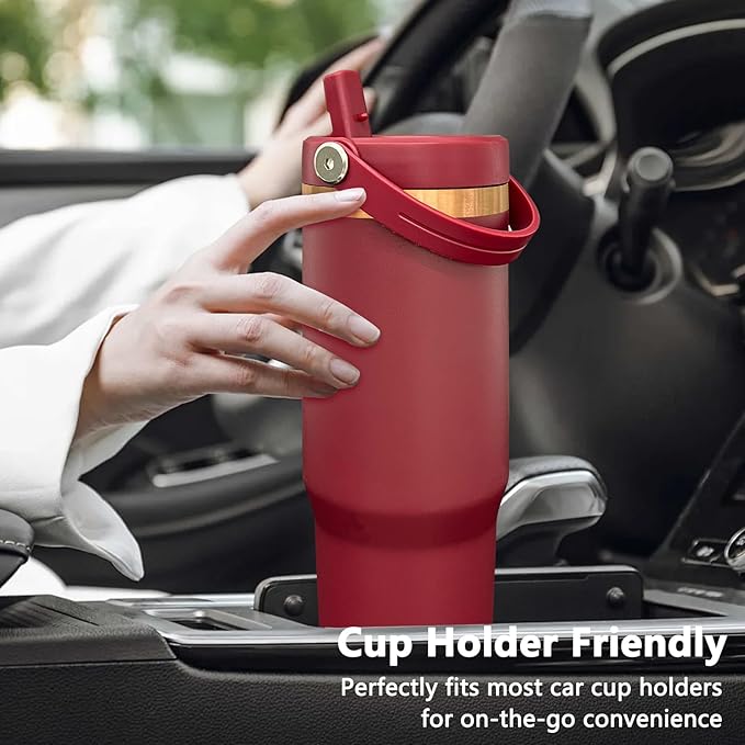30 oz Tumbler Bulk with Handle and Straw, Vacuum Insulated Tumblers with Flip Straw and Top Handle, Leakproof Powder Coated Tumbler, Stainless Steel Travel Mug for Coffee Water (Red, 4 Pack)