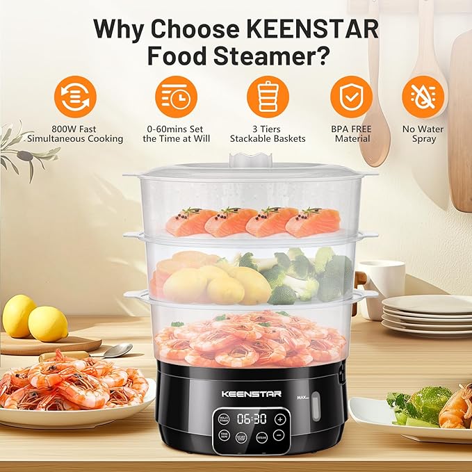 13.7QT Electric Food Steamer for Cooking, Vegetable Steamer with 3 Tiers BPA-Free Baskets, Digital Steamer with Appointment, 800W Fast Cooking, Ideal for Veggies Seafood Rice Black
