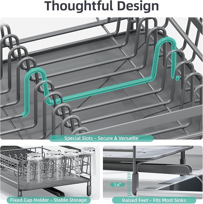 Urackify Large Dish Drying Rack, Expandable Dish Racks for Kitchen Counter, Multifunctional Dish Drainer with Utensil Holder & Cup Holder, 18.5"-26.7" L x 12.7" W, Gray
