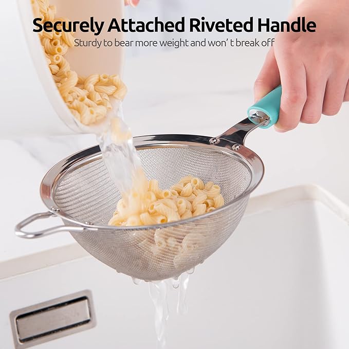 U-Taste 10 Piece Measuring Cups and Spoons Set in 18/8 Stainless Steel, and 18/8 Stainless Steel 5.5 inch 30 Mesh Strainer (Aqua Sky)