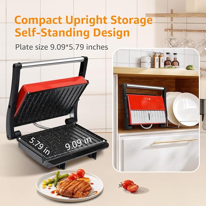 Panini Press Grill, Aigostar 1000W Sandwich Maker with Ceramic Non-stick Plates, Opens 180 Degrees for Any Size Food, 3-in-1 Sandwich Press Electric Grill, Drip Spout & Locking Lid, Red
