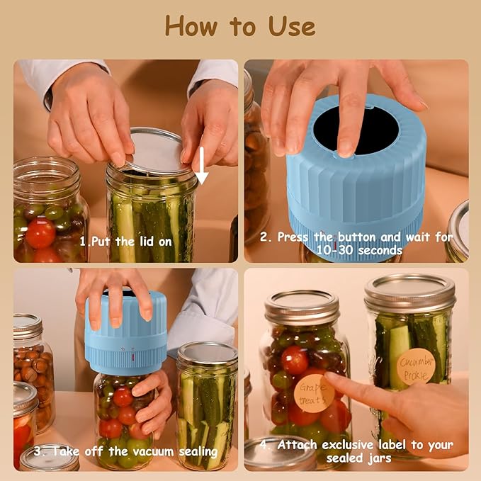 HTPOW Electric Mason Jar Vacuum Sealer - Fully Automatic Mason Jar Vacuum Sealer Kit for All Mason Jars with Regular Lids and Wide Mouth Lids, A Must-Have Tool for Canned Foods/Pantry - Blue