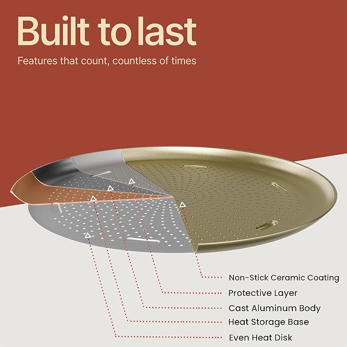 Bakken 16 Inch Non-Stick Pizza Pan 1 Pack, Round Carbon Steel Pizza Tray with Perforated Holes, PFOA, PFOS, & PTFE-Free, Dishwasher & Oven Safe Up To 450°F, Durable Nonstick Coating, Gold