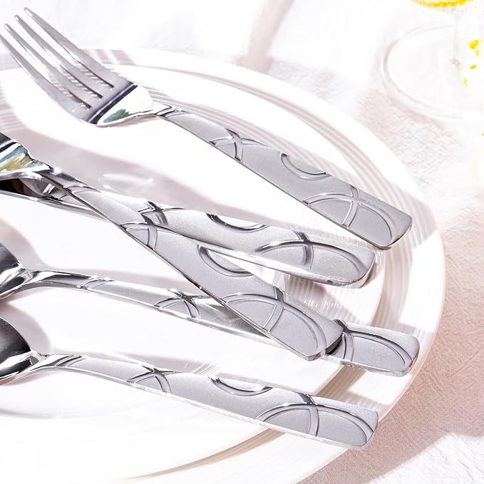 HIKAA 48PCS Stainless Steel Silverware Set with Steak Knives, Modern Flatware Set for Kitchen, Mirror Polished Cutlery Set with Forks, Spoons and Knives，Dishwasher Safe