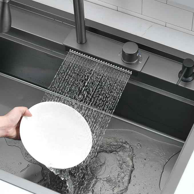 30 inch Black Drop in Kitchen Sink Workstation with Waterfall Faucet Combo -VOKIM 30x22 Drop in sink Workstation 16 Gauge Stainless Steel Single Bowl topmount Kitchen Sink with Waterfall Faucet