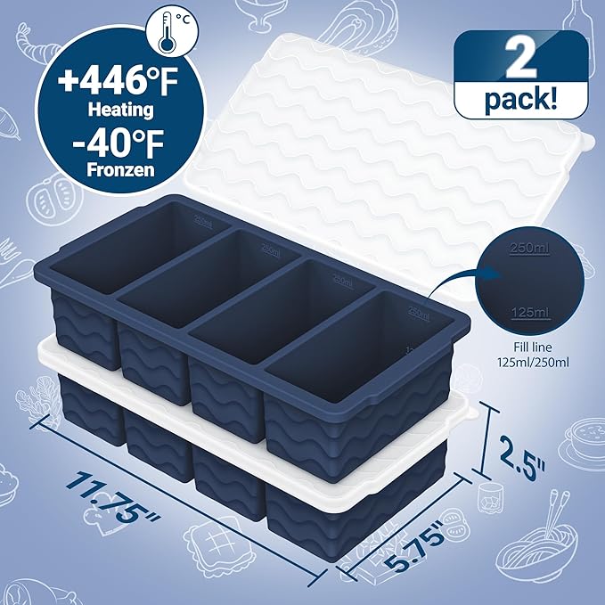 Doasuwish Silicone Freezer Tray for Soup with Lid – 1-Cup Soup Container Cube Style Ice Cube Trays for Freezer, Meal Prep & Food Storage, Freeze 250mL/125mL Portions – 2 Pack