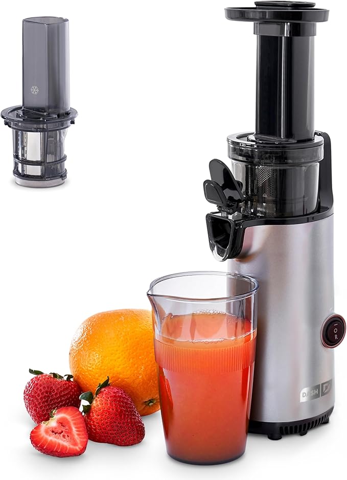 DASH Deluxe Compact Masticating Slow Juicer, Easy to Clean Cold Press Juicer with Brush, Pulp Measuring Cup, Frozen Attachment and Juice Recipe Guide - Graphite