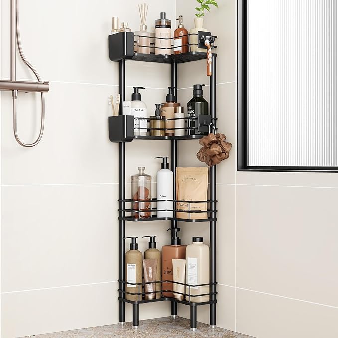Orimade Rustproof 4 Tier Floor Standing Corner Shower Caddy Organizer with Toothbrush Holder, Large Spacing Floor Shower Shelf Rack Storage Stands with Hooks for Bathroom Kitchen, Black