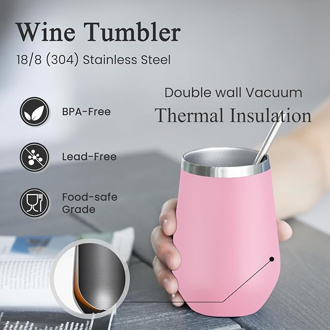 MEWAY Stemless 12oz Insulated Wine Tumbler with Lid and Straw - Double Wall Stainless Steel Thermal Cup for Hot and Cold Drinks, Bridal Shower Prizes for winners(Pink,Set of 8)