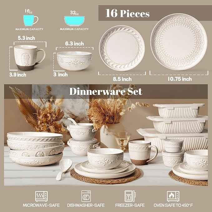 Artena Plates And Bowls Sets, 16 Pieces Dinnerware Sets, Dish Set For 4, Ceramic Kitchen Bowl And Plate Set, Embossed White Dishware Sets, Dishwasher & Microwave Safe (Multiple Patterns) (With Mugs)