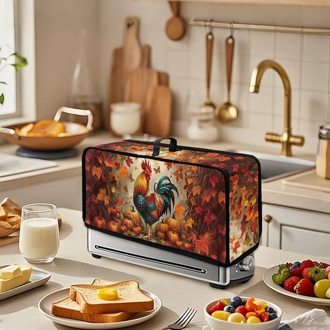 Thanksgiving Day Toaster Cover 2 Slice Rooster Pumpkin Toaster Cover with Top Handle Small Appliance Protector Lightweight Dust Protection Bread Machine Protector