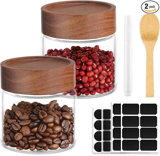 Glass Jars with Airtight Lid, 2 Pack 8oz 240ml Glass Storage Jars with Wood Lids, Screw Top Wide Mouth Kitchen Canister, Sugar and Coffee Containers for Tea, Spice, Candy, Oatmeal, Bean, Herb