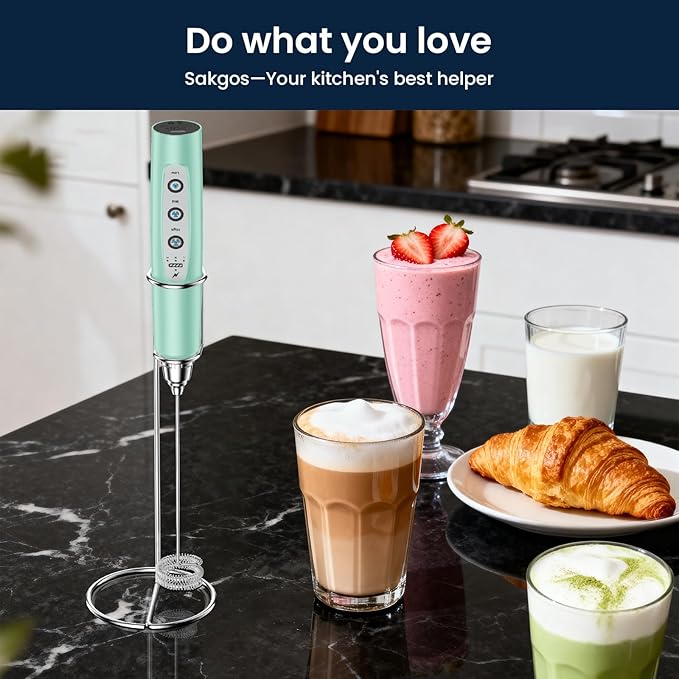 Sakgos Milk Frother with Stand Rechargeable- Handheld Coffee Frother with 3 Stainless Whisks 3 Speed Adjustable, Electric Whisk Drink Mixer, Foam Maker Blender for Matcha Latte Cappuccino Chocolate