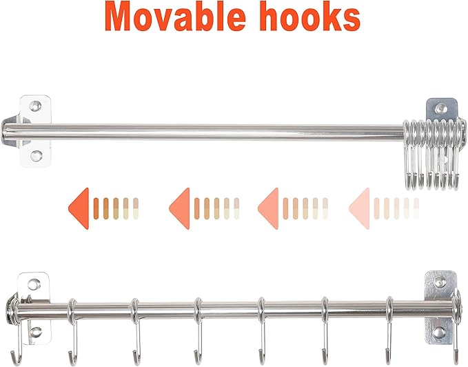 Dseap Kitchen Hooks for Hanging Utensils, Hanging Pot Rack, Kitchen Utensil Hanger Rail with 8 Hooks for Pots Pans, Spoons, Mugs, Wall Mounted, Stainless Steel, Chromed, Pack of 2