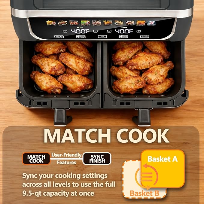 Simple Deluxe 9.5-Qt Dual Basket Air Fryer, 10-in-1 Digital Preset 1700W Airfryer, Sync Cook, Independent Temp Control, Shake Reminder, Nonstick Basket, Grey