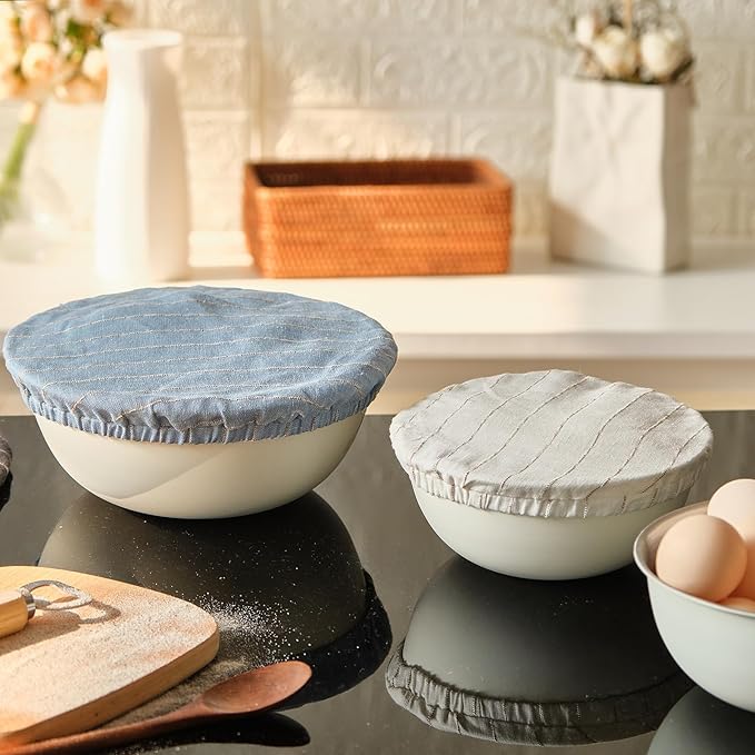 100% Pure Linen Bowl Covers For Bread Proofing, 4 Pcs Elastic Reusable Bowl Covers Large Ticking Striped Cloth Fabric Stretch Sourdough Lids, 6 * 8 * 10 * 12 Inches- Navy Blue
