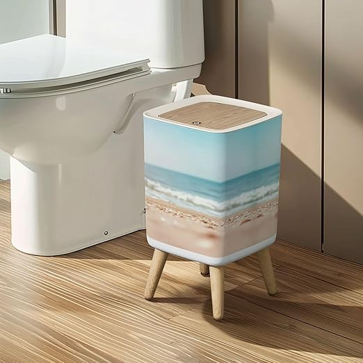 Small Trash Can with Lid Blurred sea Wastebasket with Press Cover Dog Proof Garbage Can Waste Bin for Kitchen Bathroom Nursery 2.6 Gallon