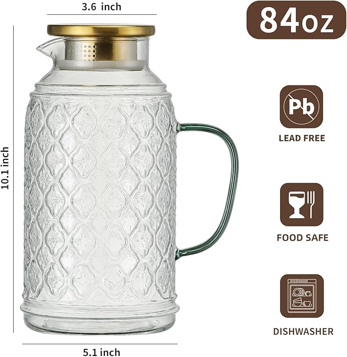 Buaic Glass Pitcher with Lid,84 oz/2.5 Liter Vintage Water Pitcher, Clear Borosilicate Glass Water Carafe for Cold Brew, Coffee, Lemonade, Iced Tea, Juice, Beverage, Heat Resistant Water Glass Jug