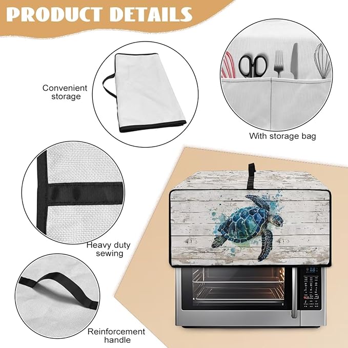 Air Fryer Toaster Oven Cover with Side Pockets, Protective Electrical Appliance Cover Kitchen Countertop Accessories and Decor, M, Watercolor Sea Turtle Wood Grain