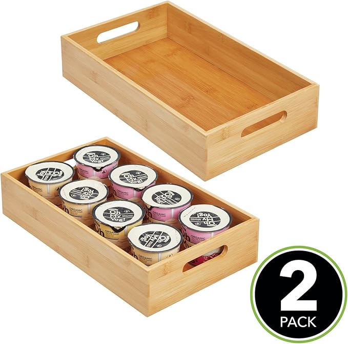 mDesign Wide Bamboo Kitchen Cabinet & Fridge Drawer Organizer Tray - Storage Bin with Handles for Cutlery, Serving Spoons, Cooking Utensils, Appliances - Echo Collection, 2 Pack, Natural Wood