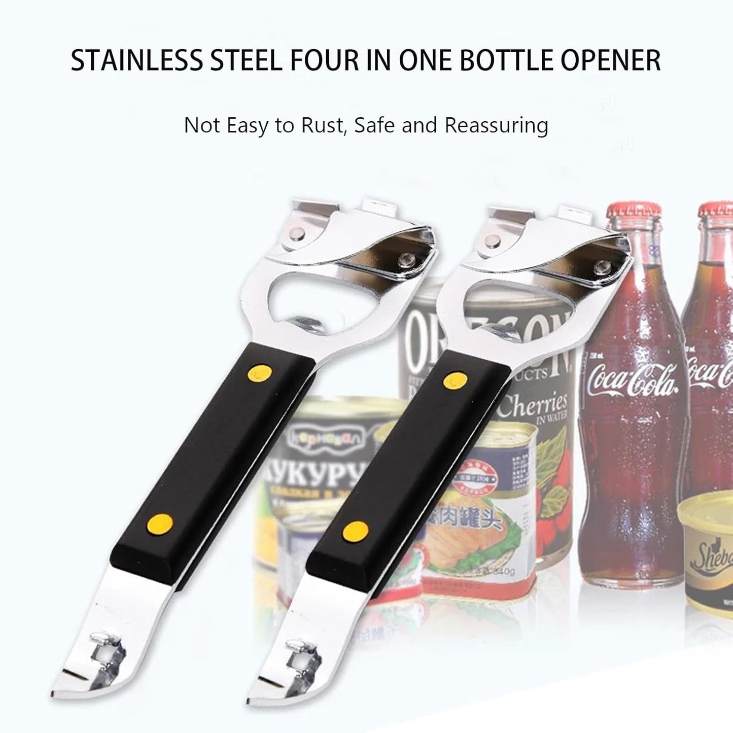 4-in-1 Can Punch Bottle Opener Classic Stainless Steel Manual Can Opener for Liquid with Cap Catcher, Can Tapper Church Key for Camping and Traveling 1 Pack