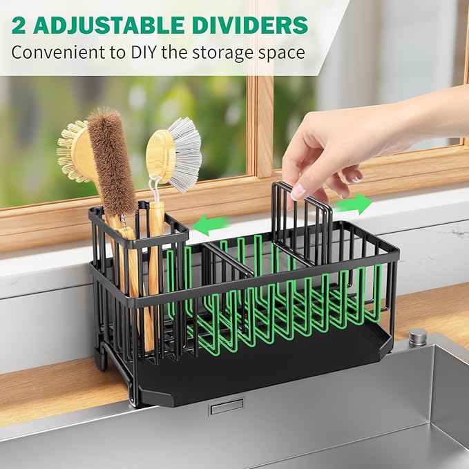 TomCare Extra Large 11'' Sink Caddy With Drain Tray Non-slip Kitchen Sink Organizer With 2 Adjustable Dividers High Brush Holder Rustproof Sponge Holder Kitchen Storage Accessories for Counter