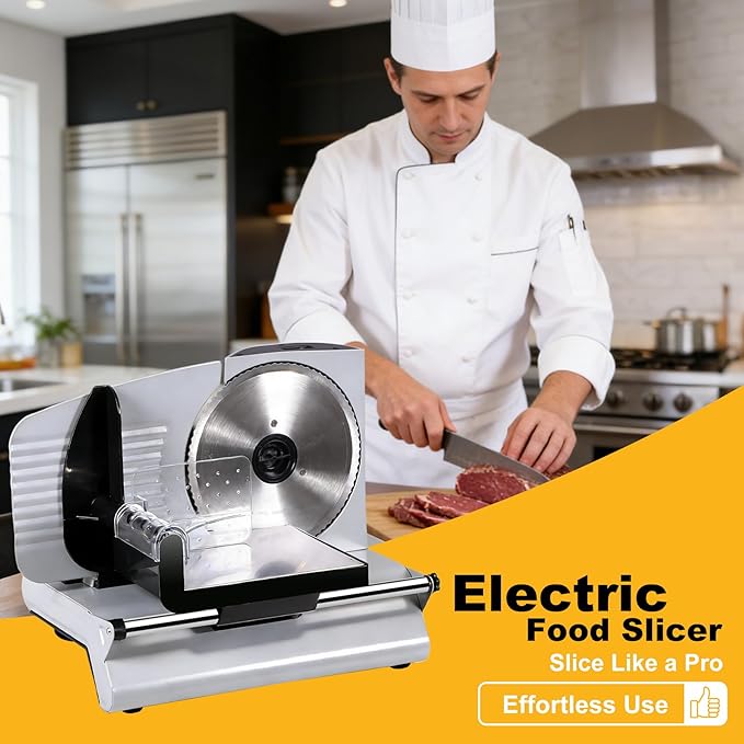 SUPER DEAL Premium Electric Food Meat Slicer - 7.5inch Stainless Steel Blade Home Kitchen Deli Meat Food Vegetable Cheese Cutter - Thickness Adjustable - Spacious Sliding Carriage - Easy to Clean