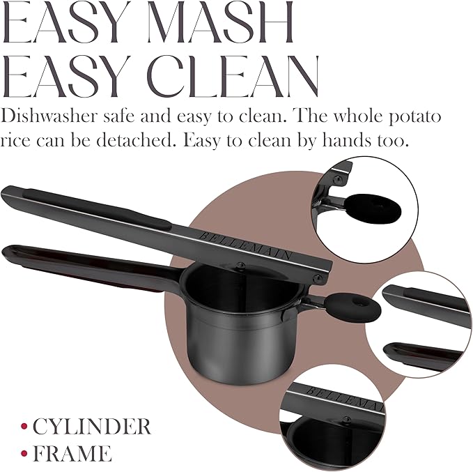 Bellemain 15 oz Large Potato Ricer | Heavy-Duty Stainless Steel Potato Ricer & Masher | Perfect for Mashed Potatoes | Ricer Kitchen Tool with 3 Interchangeable Discs (Metallic Black)