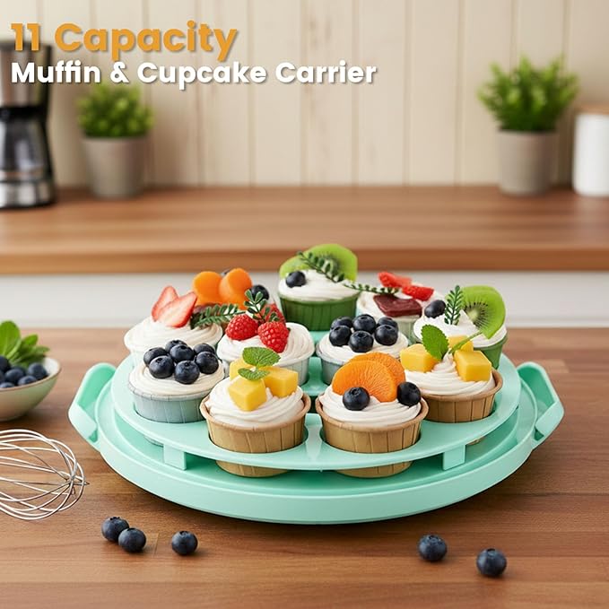HANSGO Cake Carrier with Lid and Handle, Extra Deviled Egg Containers, Cake Holder for 10 inch Cakes with 2 Handles, 11 Capacity Cupcake Carrier, Two Sided Base for Nuts, Fruits, Muffins, Pies, Pizza