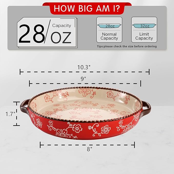 AVLA 2 Pack Ceramic Pie Pan, 9 Inch Round Baking Dish with Double Handle, 28 Ounce Deep Quiche Plate for Kitchen, Cooking, Roasting Lasagna (Sakura, Red)