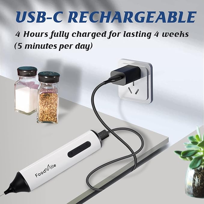 FoodVille MF05 Rechargeable Milk Frother USB Charging Handheld Foam Maker with Stainless Balloon Whisk for Cappuccino, Latte, Bulletproof Coffee, Keto Diet, Protein Powder, Matcha (White)