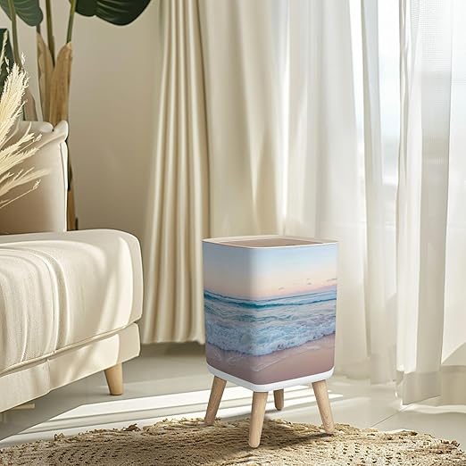 Small Trash Can with Lid Ocean Waves Sand Beach Wastebasket with Press Cover Dog Proof Garbage Can Waste Bin for Kitchen Bathroom Nursery 2.6 Gallon