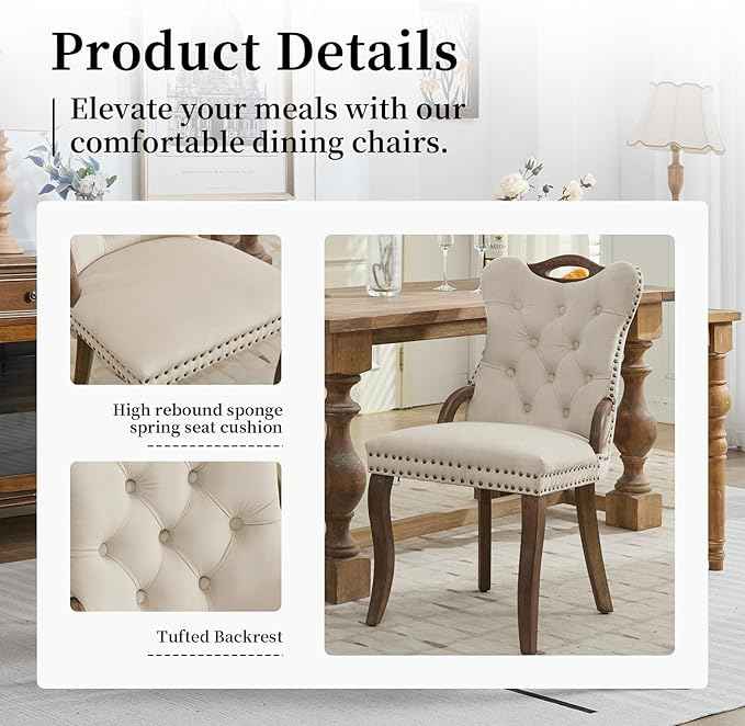 Beige Velvet Dining Chairs Set of 4，Modern Upholstered Dining Room Chairs with Tufted Back and Wood Accents, Curved Solid Wood Legs & Nailhead Trim, Sillas De Comedor Modernas 4