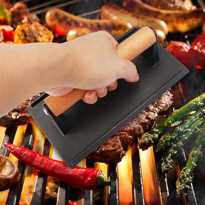 3 Packs 8.26 x 4.3 Inch Cast Iron Grill Press Set, Heavy Duty Steak and Burger Press with Wooden Handle for Burgers, Bacon, Paninis, and More! by Genhakon