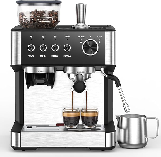 (2026 Upgrade) Espresso Machine with Grinder, Expresso Coffee Machines with Built-in Anti-Clog Coffee Grinder/Milk Steam Wand/Frother, Expresso Machines for Home Perfect Cappuccino & Latte-Gloss Black