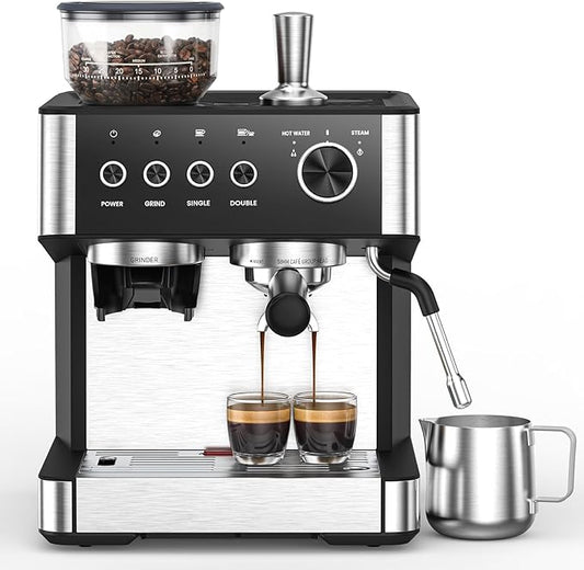 (2026 Upgrade) Espresso Machine with Grinder, Expresso Coffee Machines with Built-in Anti-Clog Coffee Grinder/Milk Steam Wand/Frother, Expresso Machines for Home Perfect Cappuccino & Latte-Gloss Black