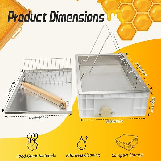 Honey Extractor Kit, Beehive Uncapping Station Food-Grade Stainless Steel PE Plastic Dual Uncapping Modes Fine Filter Anti-Spill with Wooden Strip for Home Small-Scale Commercial Apiaries
