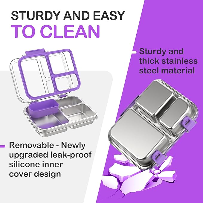 BABHAMNESS Stainless Steel Bento Lunch Box for Kids Adults, 3 Compartments Metal Bento Box with Transparent Lid & Silicone Container for Kids,Dishwasher-Safe,School & Travel,BPA-Free(Purple)
