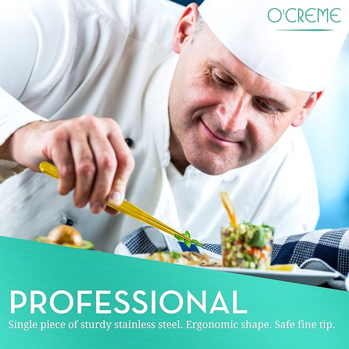 O'Creme Stainless Steel Precision Kitchen Tweezer Tongs 6.25" with Fine Tip (Gold)
