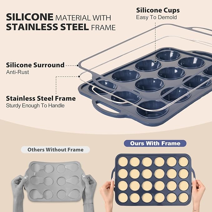 2 Pack Silicone Muffin Pan 12 and 24 Cup with Metal Frame,Non Stick Silicone Mini Cupcake Pan with Handles, BPA Free Silicon Regular Muffin Tin Tray Small for baking, egg bites, Mold Grey