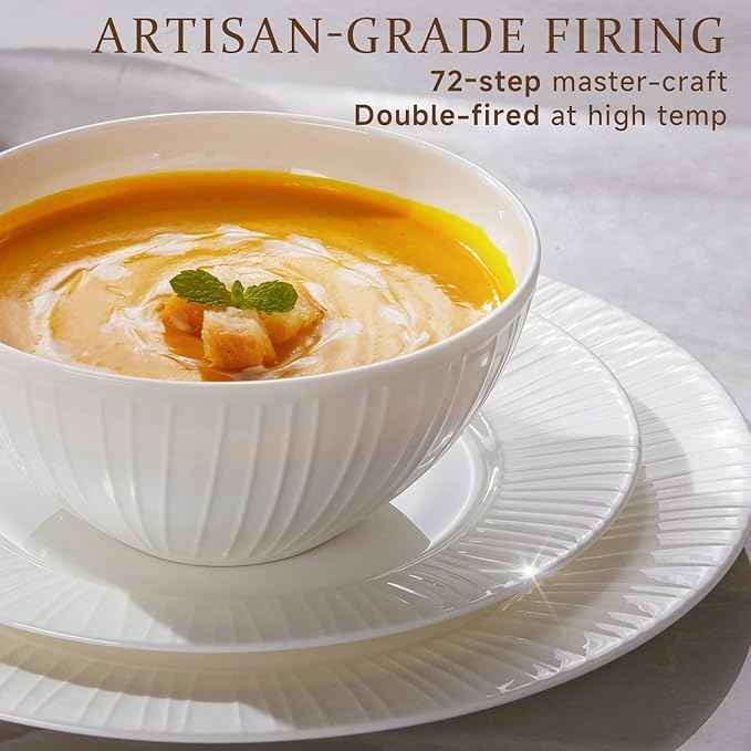 KINGSTONE Bone China Dinnerware Set, 12-Piece White Lightweight Porcelain with Textured Design Service for 4, Plates, Bowls, for Family Dining, Restaurants, Gifting, Microwave and Dishwasher Safe