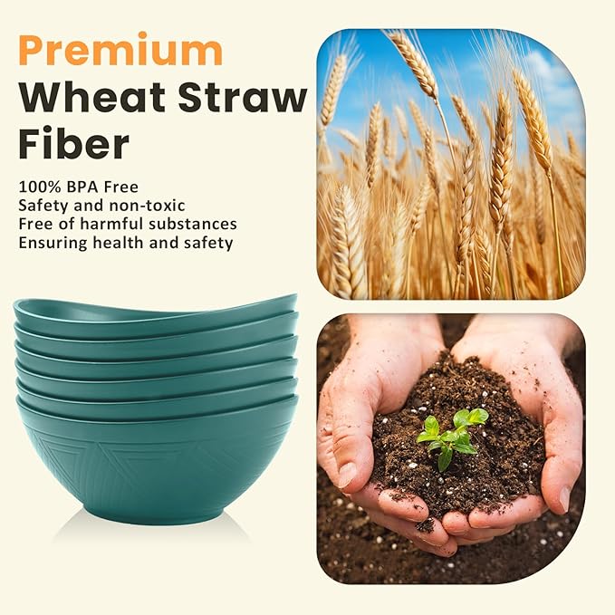 Homienly Salad Bowls 6 PCS Wheat Straw Bowls - 60oz Large Serving Bowl - Microwave and Dishwasher Safe Centerpiece Bowl Big Soup Bowl for Kitchen, Camping, Picnic, Party, Popcorn Bowl Set - Green