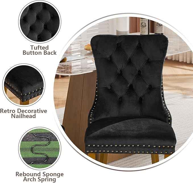 Velvet Dining Chairs Set of 2, Modern Tufted Dining Room Chair, Upholstered Dining Chairs with Lion Head Pulls Ring and Golden Solid Wood Legs, Luxury Kitchen Chairs for Dining Room, Black