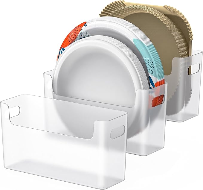 3Pcs Paper Plate Dispenser for 6-9.5 Inch Disposable Plates, Space-Saving Plastic, Foam and Paper Plate Storage Organizer for Cabinet, Countertop, RV or Outdoor (Transparent)