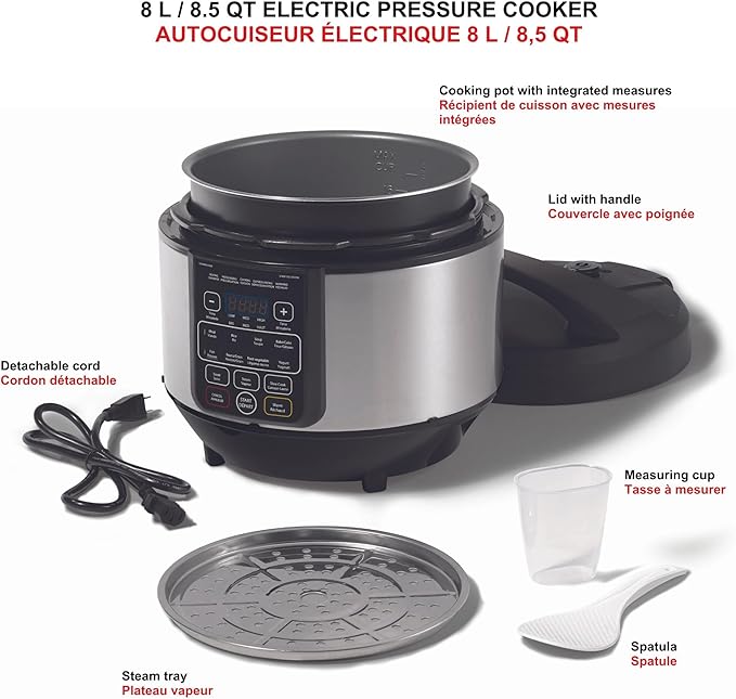 Starfrit Electric Pressure Cooker - 8L Capacity - Steam Tray, Measuring Cup & Spatula - 11 Preset Cooking Functions